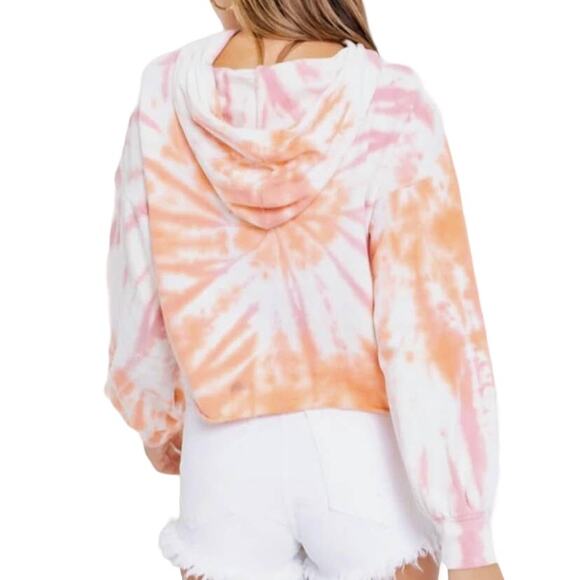 Le Lis Pink Orange Tie Dye Cutoff Cropped Hoodie Long Sleeve Hooded Crop Top - Picture 1 of 10